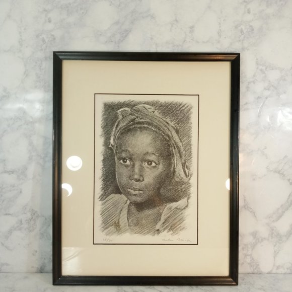 Pencil Drawing of Doe-Eyed Seeing Little Girl Of African Descent Wearing Scarf o - Picture 4 of 4